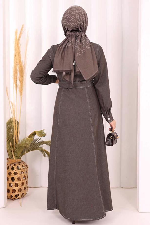 Vêtements hijab BRUN ROBE EN JEAN CEINTURÉE T 1607 - TRENDTESETTÜR