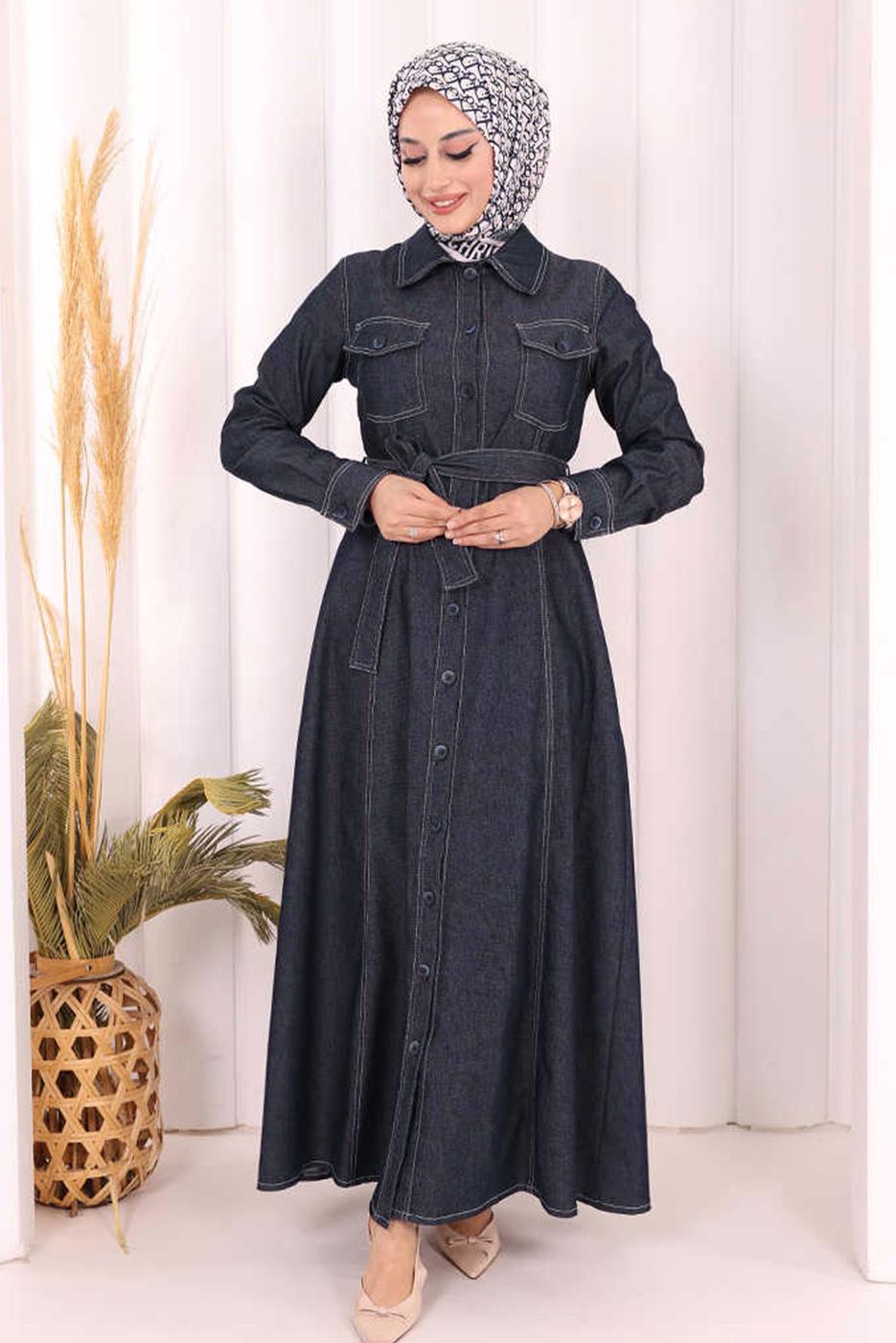Vêtements hijab BLEU MARINE ROBE EN JEAN CEINTURÉE T 1607