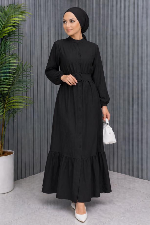 Tesettür giyim SİYAH KEMERLİ VİSKON ELBİSE T 2360 - TRENDTESETTÜR
