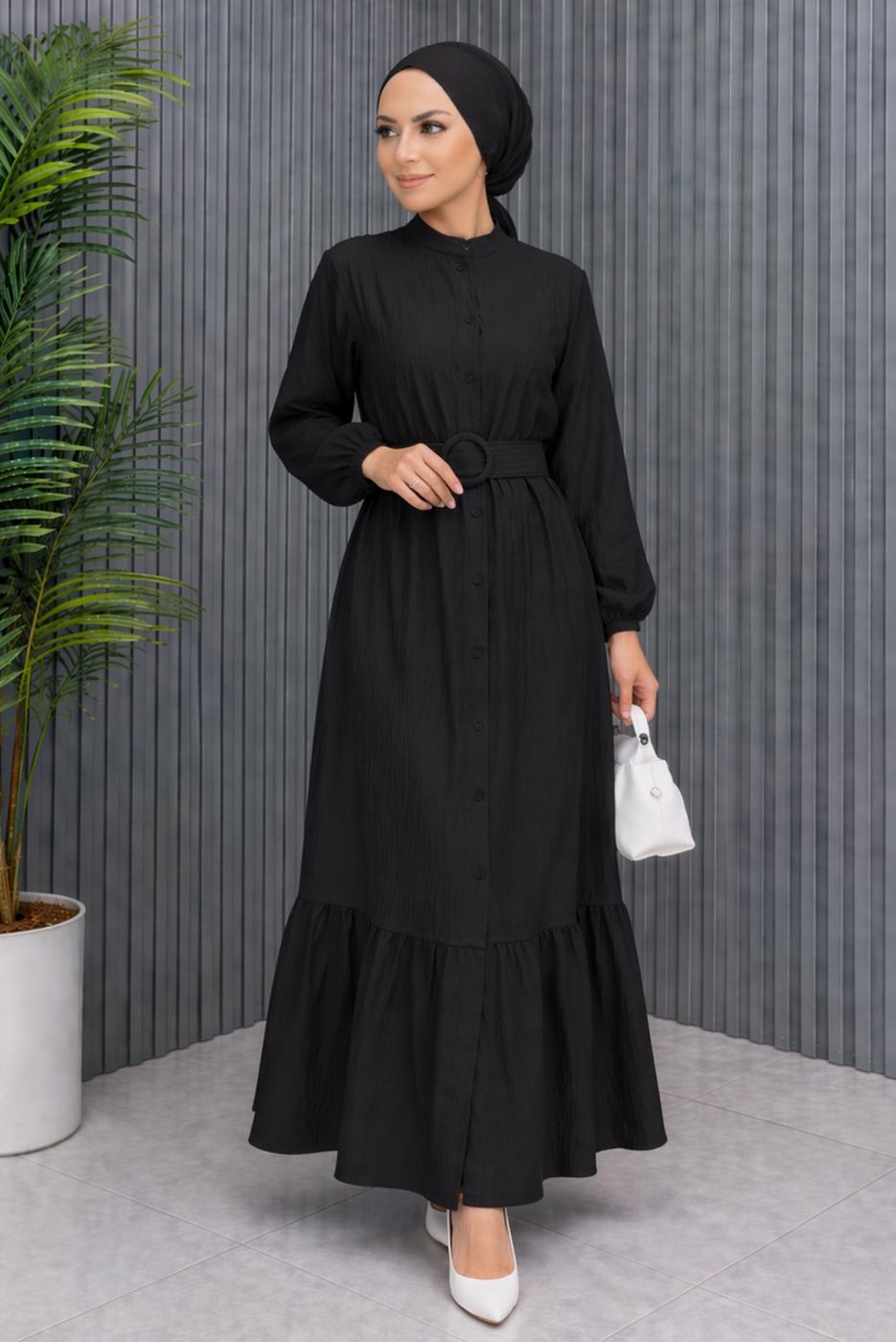 Tesettür giyim SİYAH KEMERLİ VİSKON ELBİSE T 2360