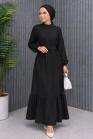 Tesettür giyim SİYAH KEMERLİ VİSKON ELBİSE T 2360