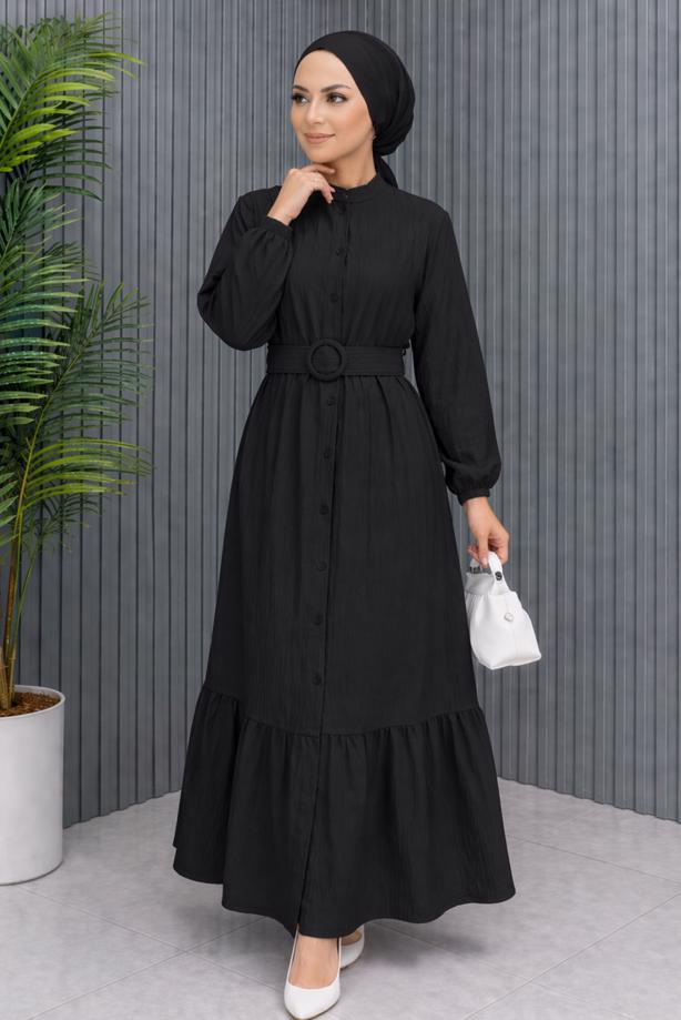 Tesettür giyim SİYAH KEMERLİ VİSKON ELBİSE T 2360 - TRENDTESETTÜR