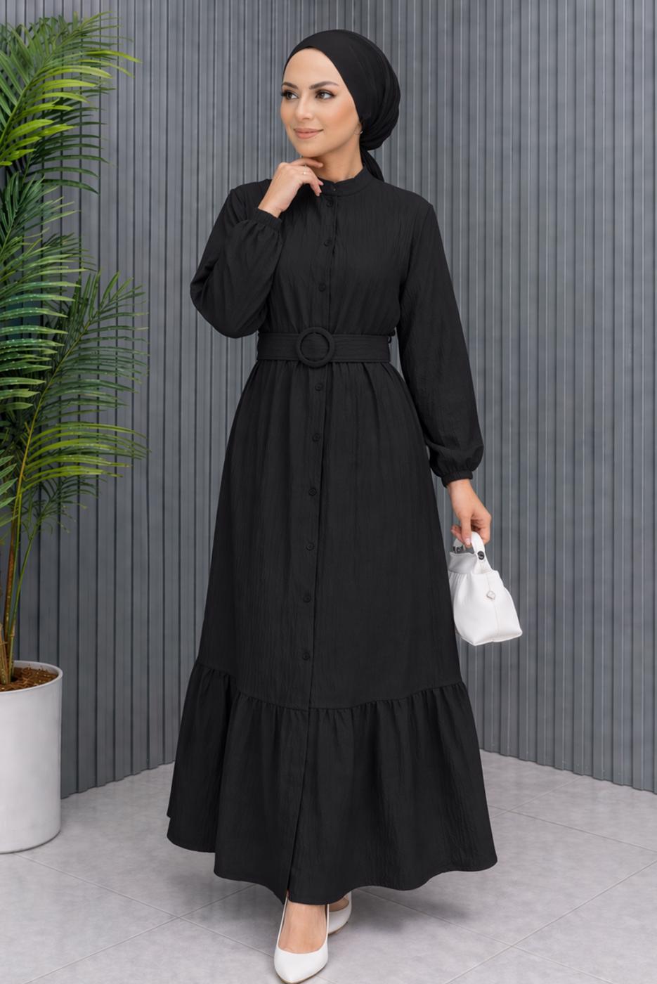 Tesettür giyim SİYAH KEMERLİ VİSKON ELBİSE T 2360