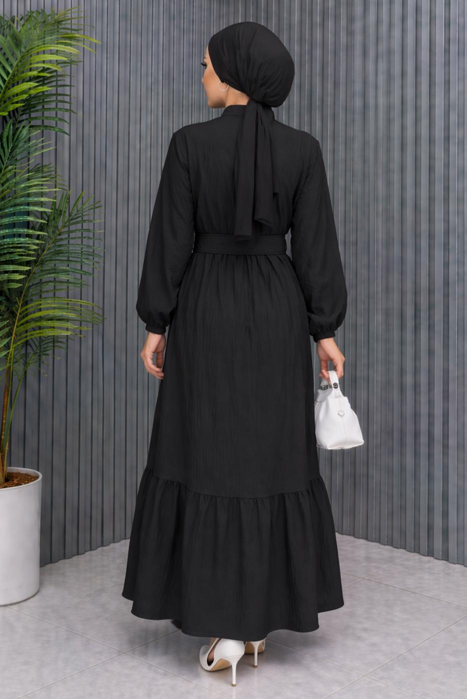 Tesettür giyim SİYAH KEMERLİ VİSKON ELBİSE T 2360