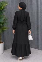 Tesettür giyim SİYAH KEMERLİ VİSKON ELBİSE T 2360