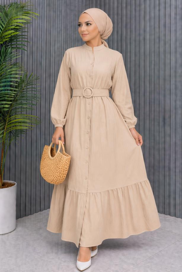 Tesettür giyim BEJ KEMERLİ VİSKON ELBİSE T 2360 - TRENDTESETTÜR