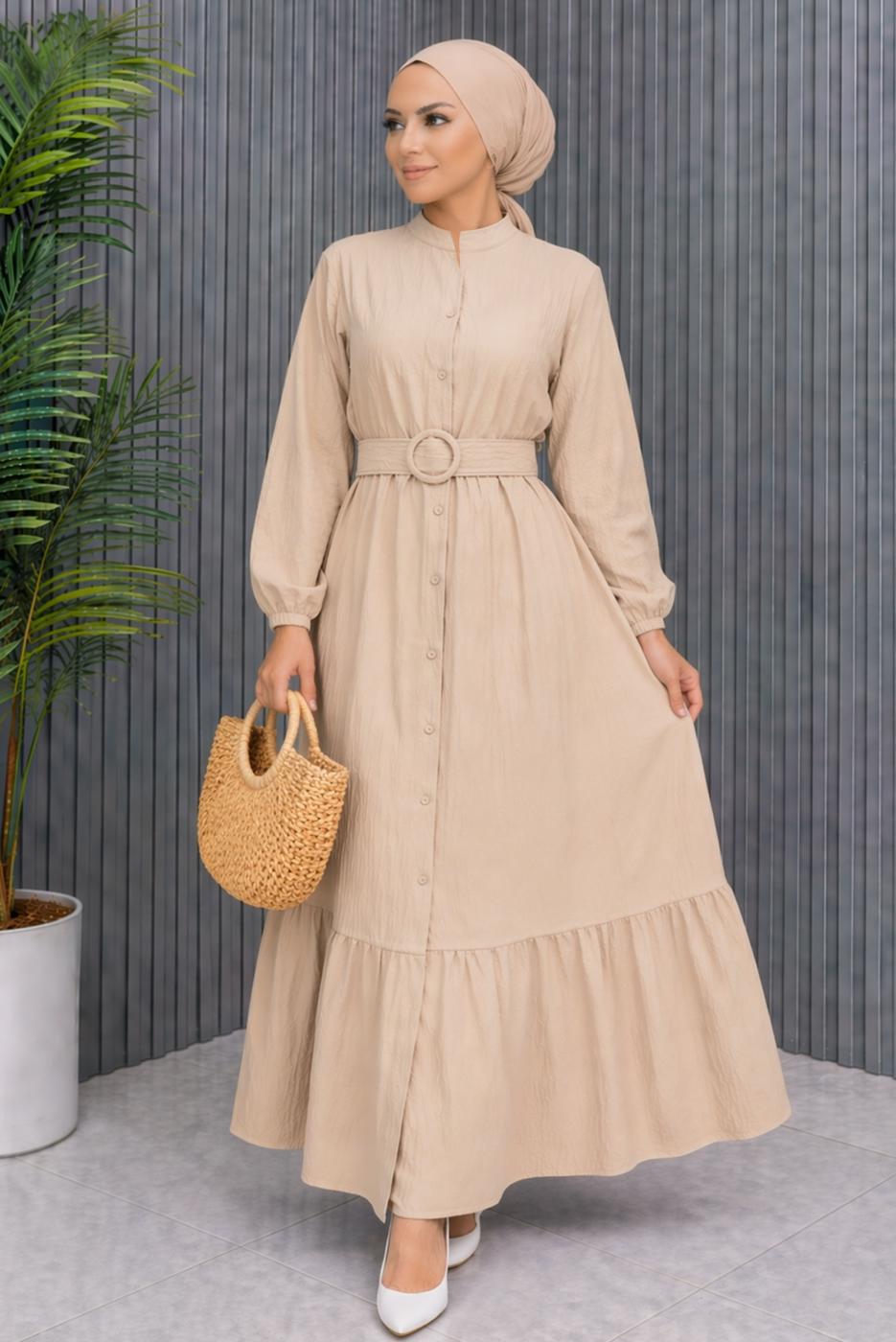 Tesettür giyim BEJ KEMERLİ VİSKON ELBİSE T 2360