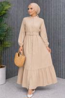 Tesettür giyim BEJ KEMERLİ VİSKON ELBİSE T 2360