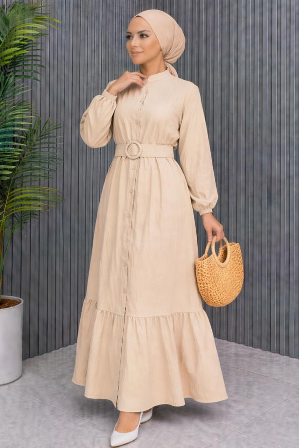 Tesettür giyim BEJ KEMERLİ VİSKON ELBİSE T 2360 - TRENDTESETTÜR