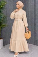 Tesettür giyim BEJ KEMERLİ VİSKON ELBİSE T 2360