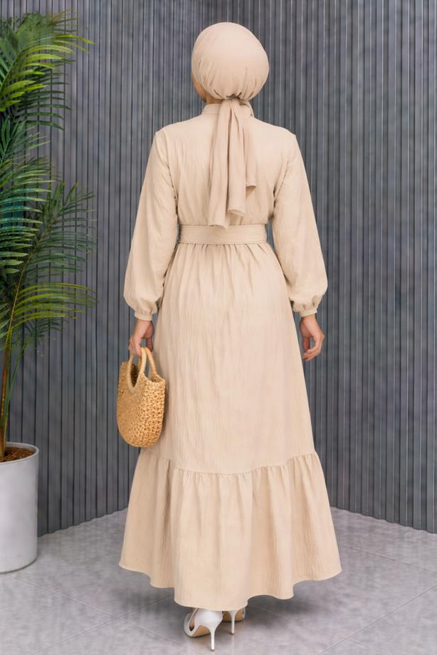 Tesettür giyim BEJ KEMERLİ VİSKON ELBİSE T 2360 - TRENDTESETTÜR