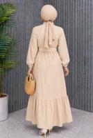 Tesettür giyim BEJ KEMERLİ VİSKON ELBİSE T 2360
