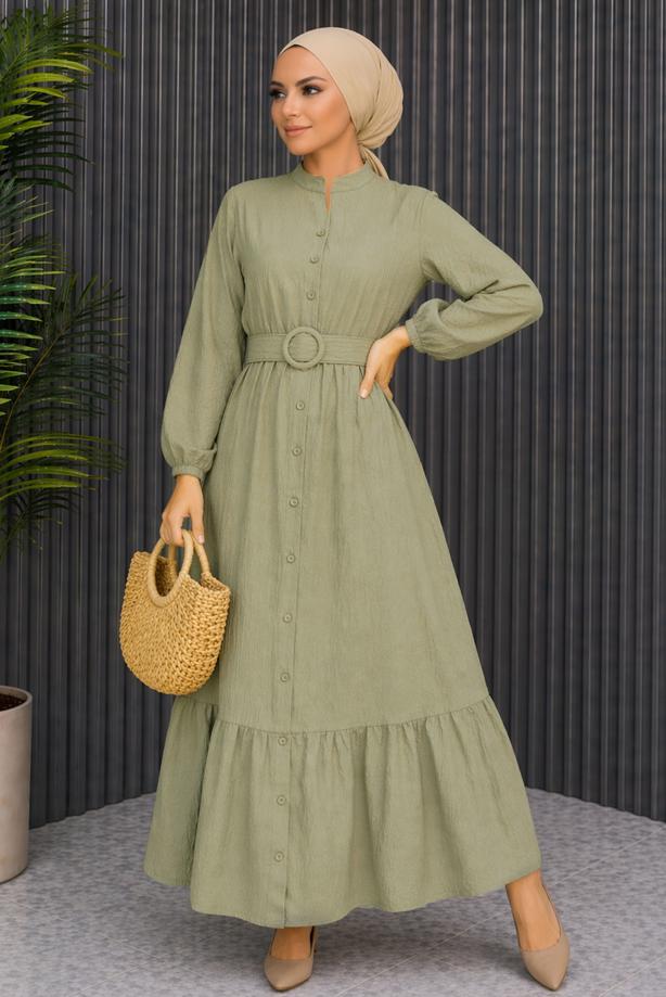 Tesettür giyim HAKİ KEMERLİ VİSKON ELBİSE T 2360 - TRENDTESETTÜR