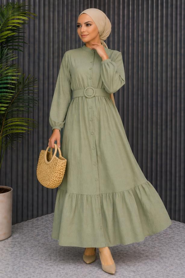 Tesettür giyim HAKİ KEMERLİ VİSKON ELBİSE T 2360 - TRENDTESETTÜR