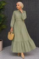 Tesettür giyim HAKİ KEMERLİ VİSKON ELBİSE T 2360