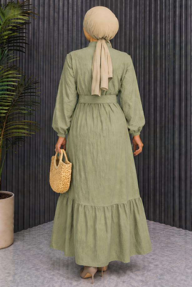 Tesettür giyim HAKİ KEMERLİ VİSKON ELBİSE T 2360 - TRENDTESETTÜR