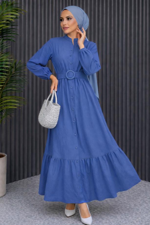 Tesettür giyim LACİVERT KEMERLİ VİSKON ELBİSE T 2360 - TRENDTESETTÜR