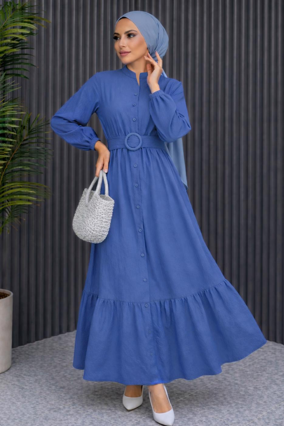 Tesettür giyim LACİVERT KEMERLİ VİSKON ELBİSE T 2360