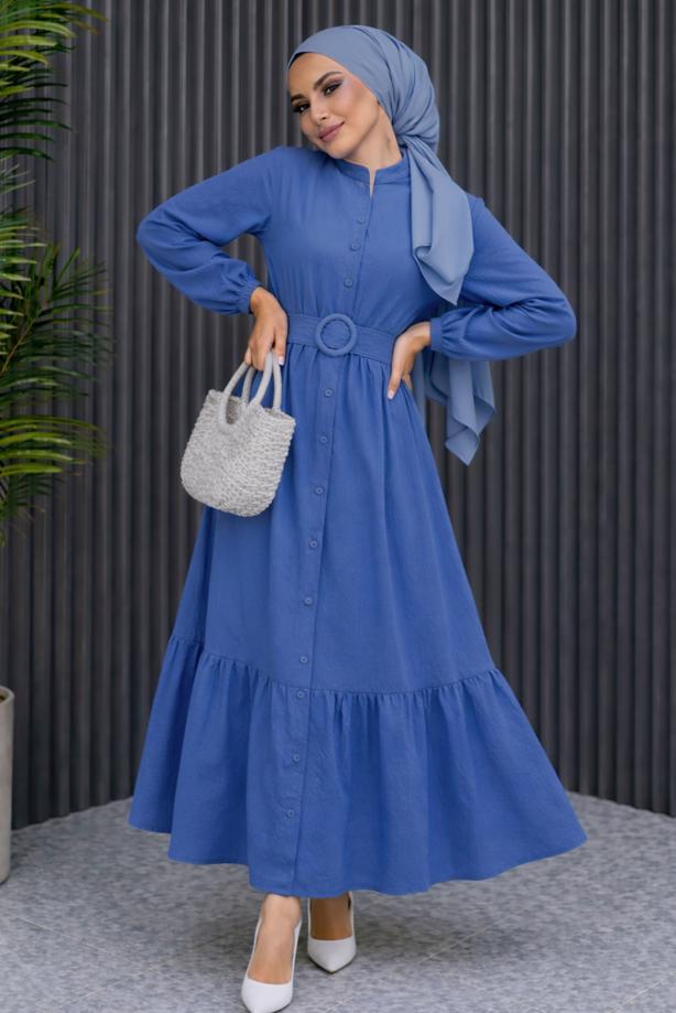 Tesettür giyim LACİVERT KEMERLİ VİSKON ELBİSE T 2360 - TRENDTESETTÜR