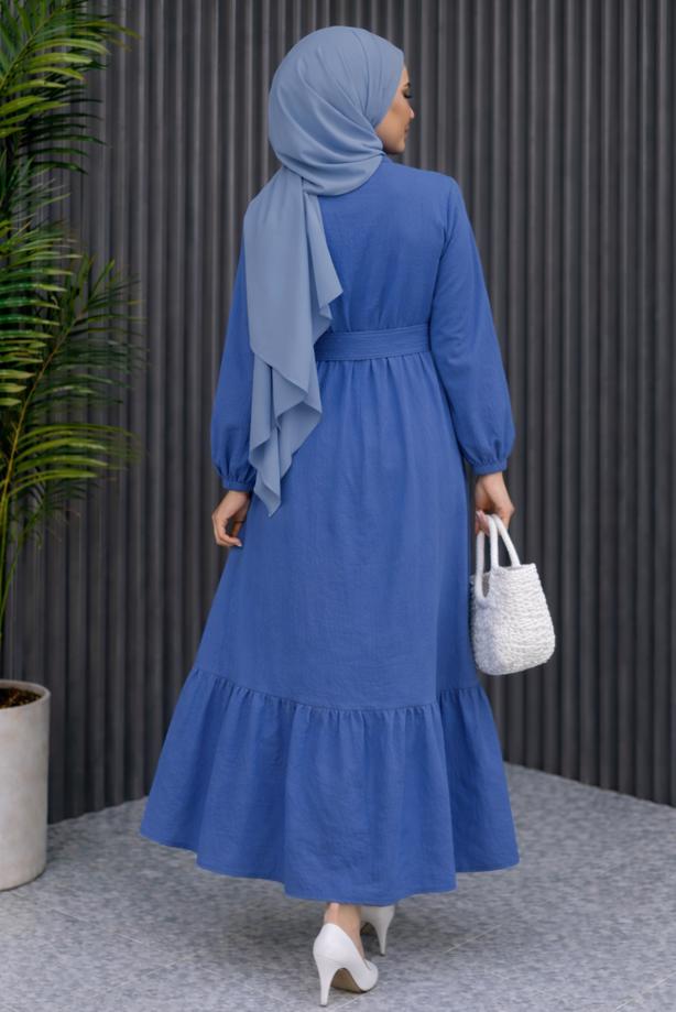 Tesettür giyim LACİVERT KEMERLİ VİSKON ELBİSE T 2360 - TRENDTESETTÜR