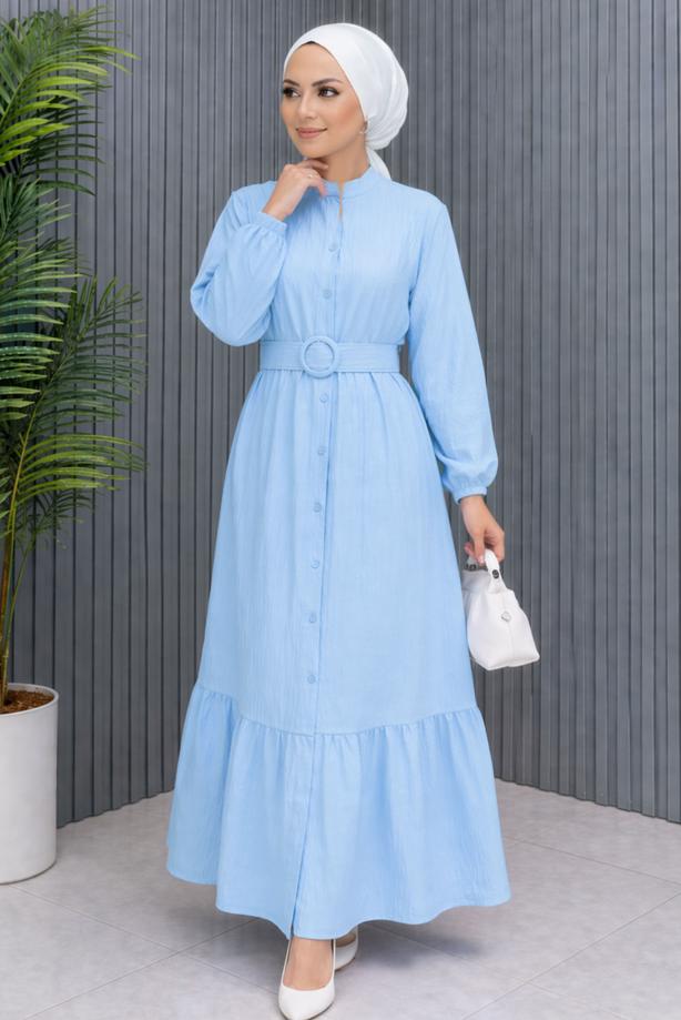 Tesettür giyim MAVİ KEMERLİ VİSKON ELBİSE T 2360 - TRENDTESETTÜR
