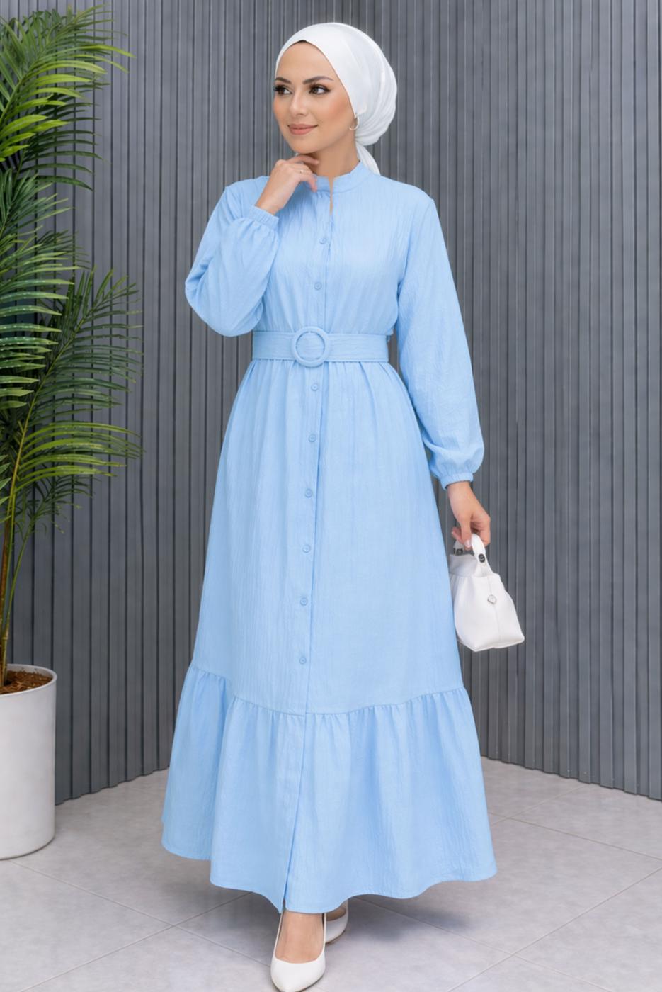 Tesettür giyim MAVİ KEMERLİ VİSKON ELBİSE T 2360