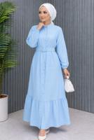 Tesettür giyim MAVİ KEMERLİ VİSKON ELBİSE T 2360