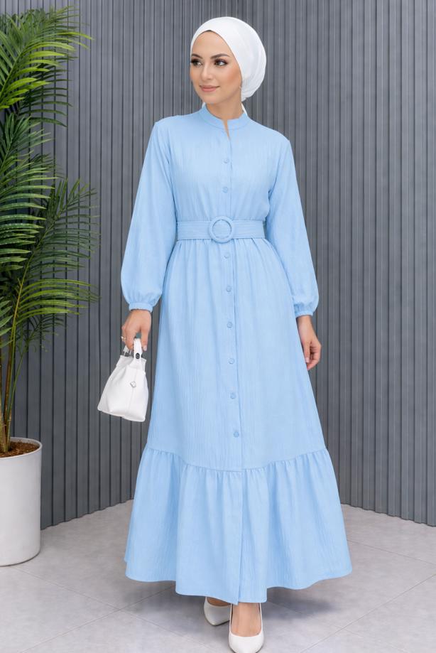 Tesettür giyim MAVİ KEMERLİ VİSKON ELBİSE T 2360 - TRENDTESETTÜR