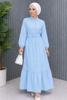 Tesettür giyim MAVİ KEMERLİ VİSKON ELBİSE T 2360