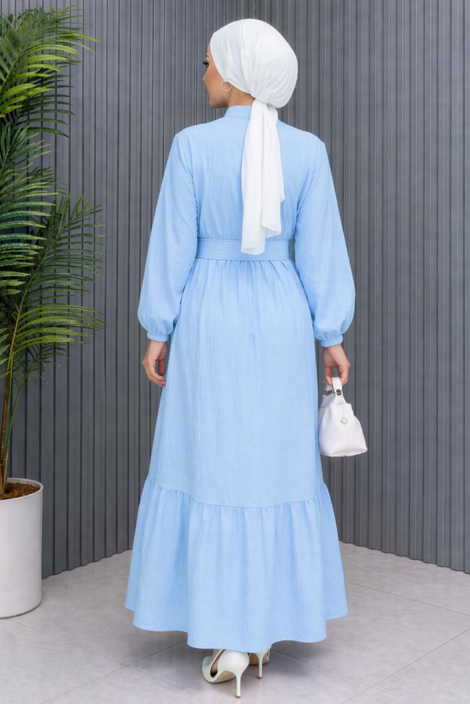 Tesettür giyim MAVİ KEMERLİ VİSKON ELBİSE T 2360