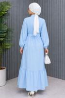 Tesettür giyim MAVİ KEMERLİ VİSKON ELBİSE T 2360