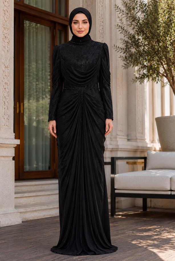 Hijab clothing BLACK DRAPE DETAILED EVENING DRESS T 3125 - TRENDTESETTÜR
