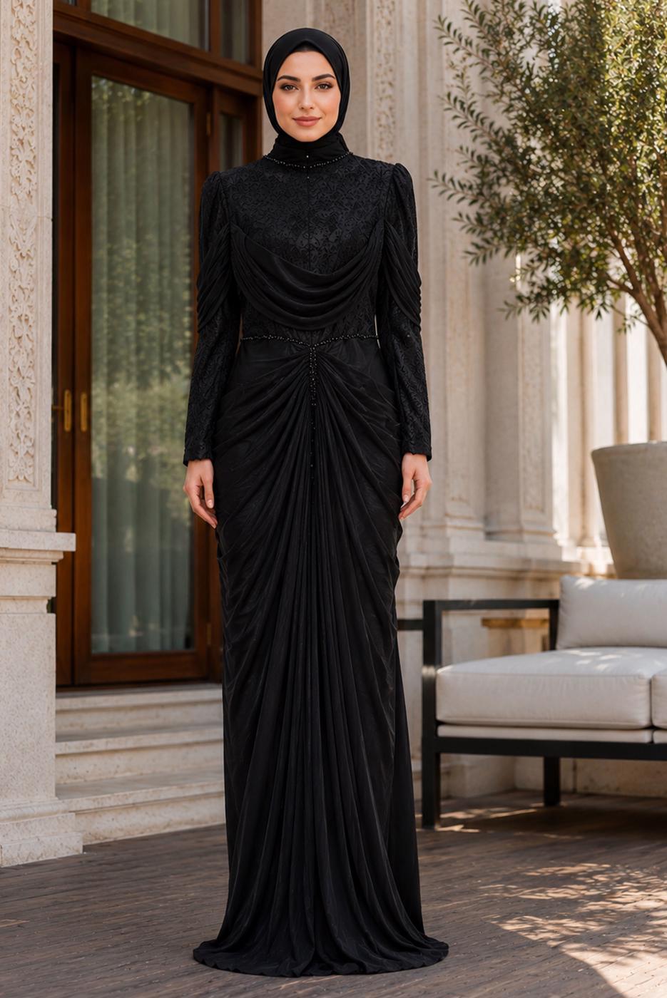 Hijab clothing BLACK DRAPE DETAILED EVENING DRESS T 3125