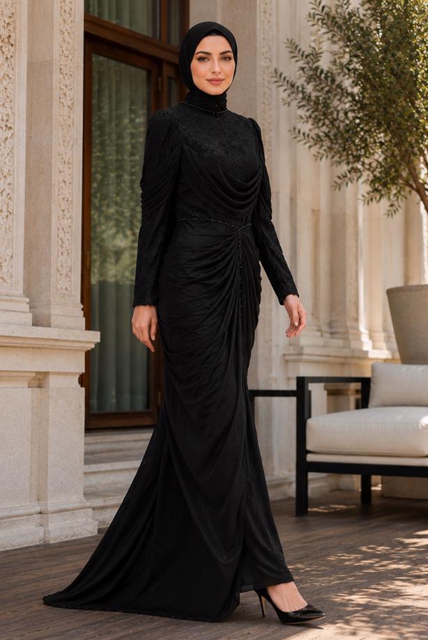 Hijab clothing BLACK DRAPE DETAILED EVENING DRESS T 3125 - TRENDTESETTÜR