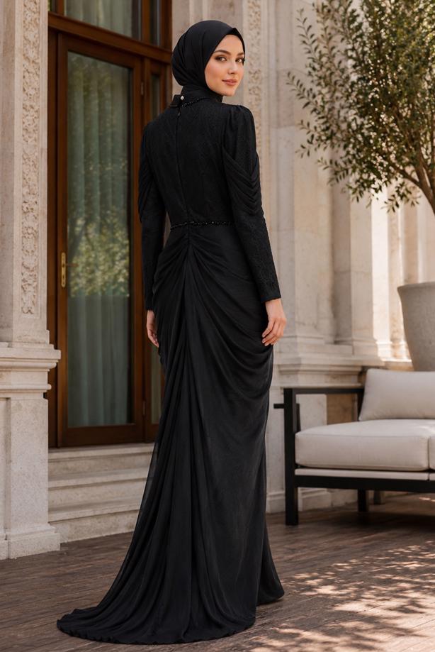 Hijab clothing BLACK DRAPE DETAILED EVENING DRESS T 3125 - TRENDTESETTÜR