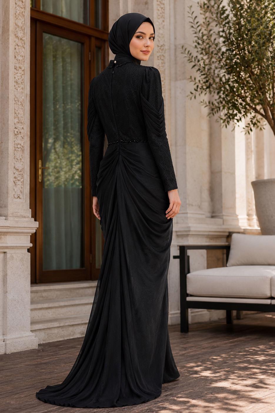 Hijab clothing BLACK DRAPE DETAILED EVENING DRESS T 3125