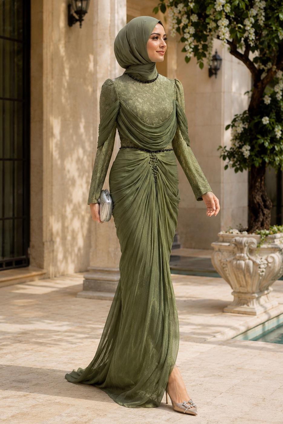 Hijab clothing KHAKI DRAPE DETAILED EVENING DRESS T 3125