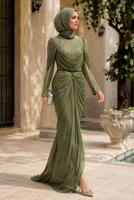 Hijab clothing KHAKI DRAPE DETAILED EVENING DRESS T 3125