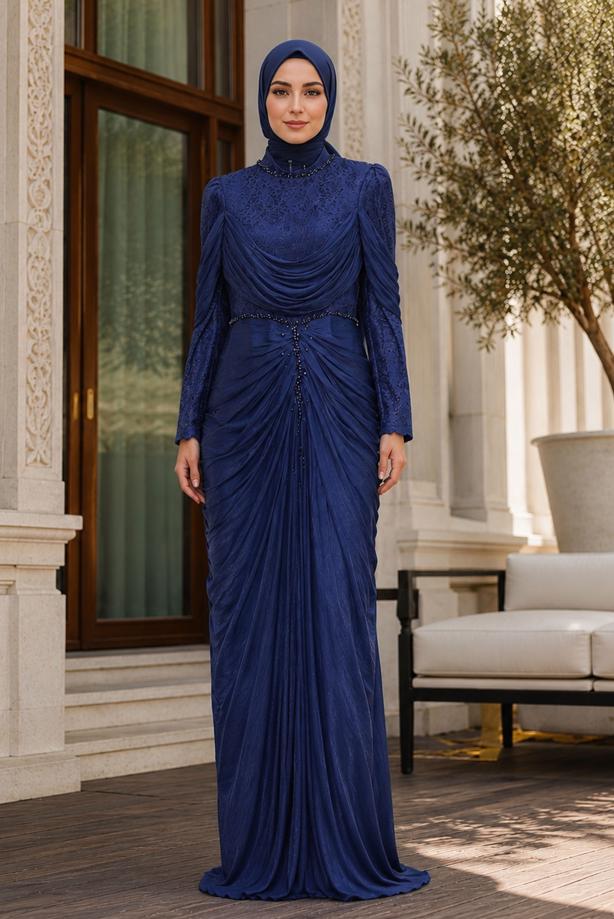 Hijab clothing NAVY BLUE DRAPE DETAILED EVENING DRESS T 3125 - TRENDTESETTÜR