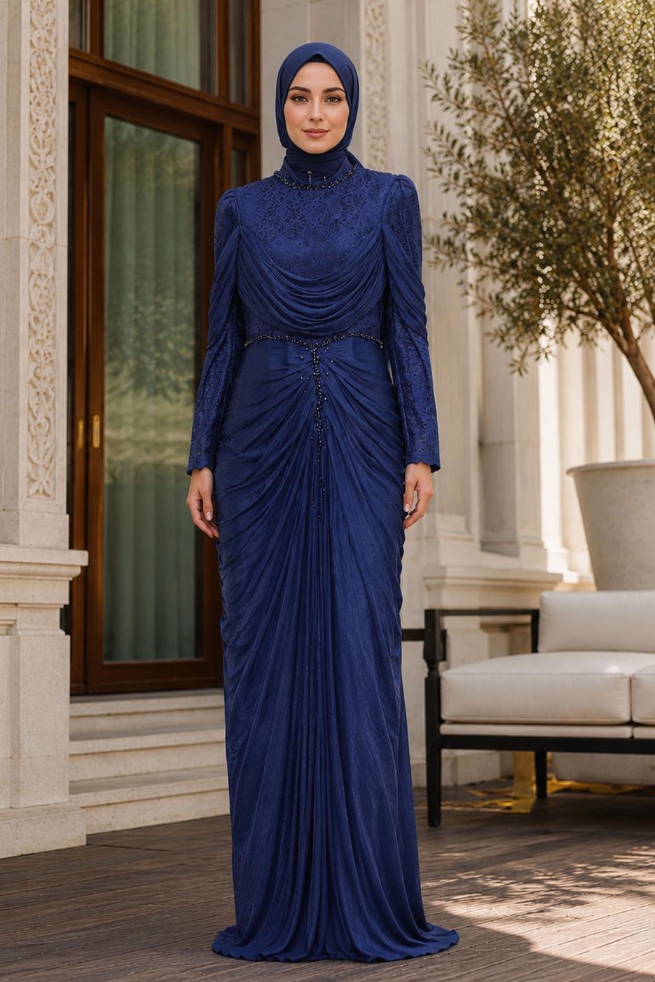 Hijab clothing NAVY BLUE DRAPE DETAILED EVENING DRESS T 3125