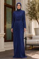 Hijab clothing NAVY BLUE DRAPE DETAILED EVENING DRESS T 3125