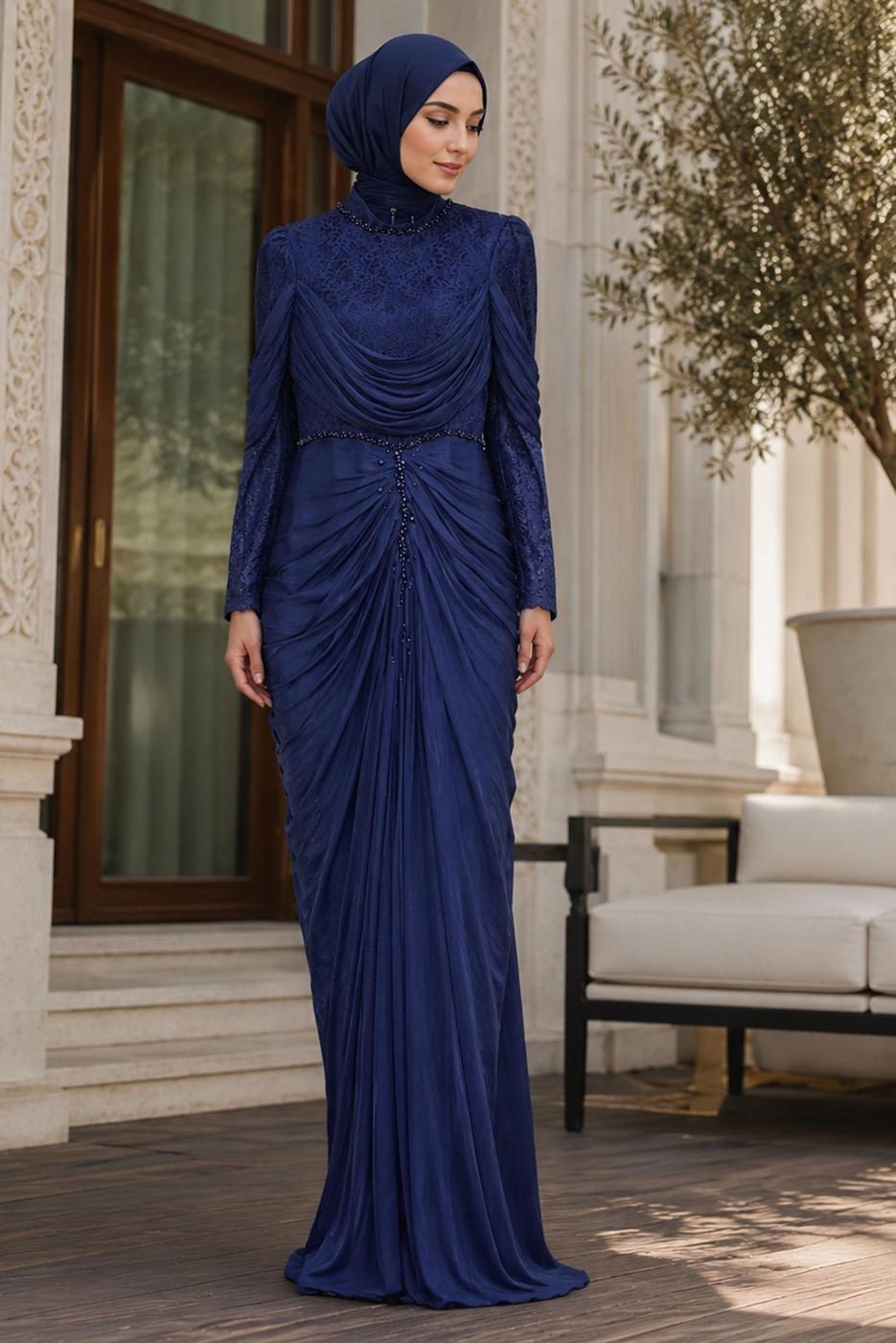 Hijab clothing NAVY BLUE DRAPE DETAILED EVENING DRESS T 3125
