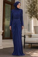 Hijab clothing NAVY BLUE DRAPE DETAILED EVENING DRESS T 3125