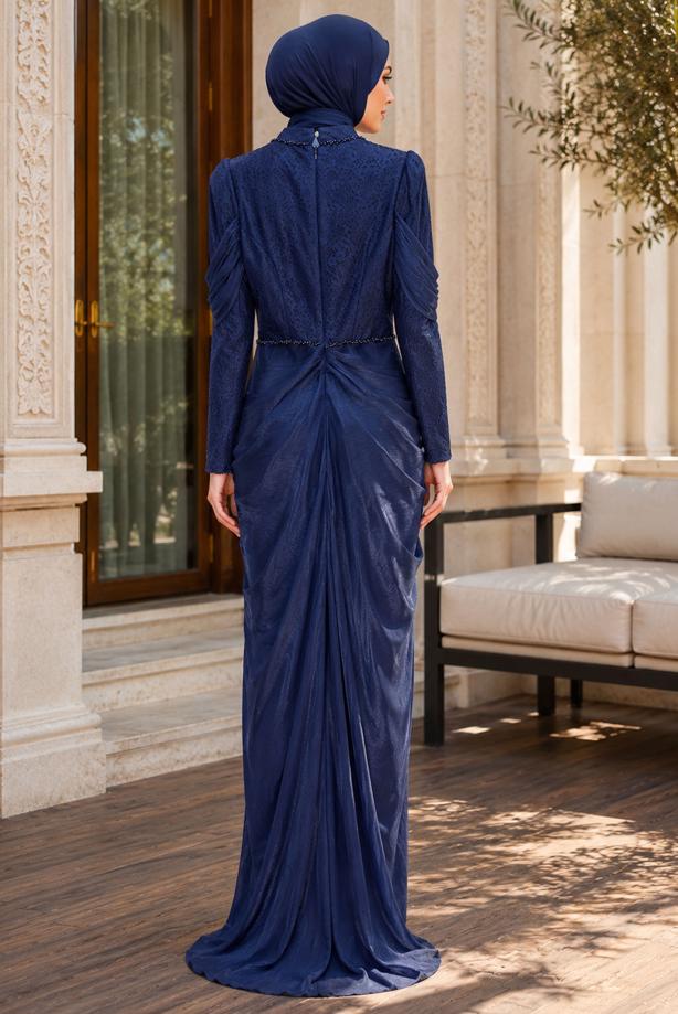 Hijab clothing NAVY BLUE DRAPE DETAILED EVENING DRESS T 3125 - TRENDTESETTÜR