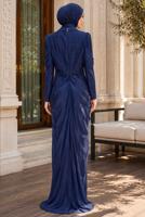 Hijab clothing NAVY BLUE DRAPE DETAILED EVENING DRESS T 3125