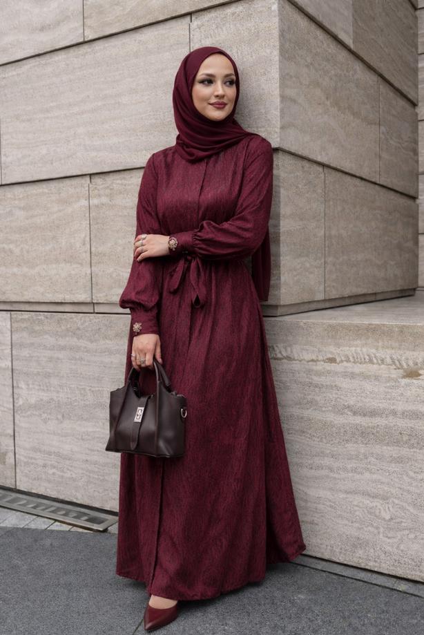 Hijab clothing CLARET RED BELTED JACQUARD DRESS T 4822 - TRENDTESETTÜR