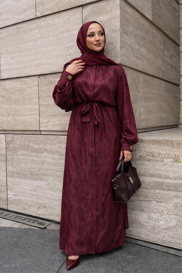 Hijab clothing CLARET RED BELTED JACQUARD DRESS T 4822 - TRENDTESETTÜR
