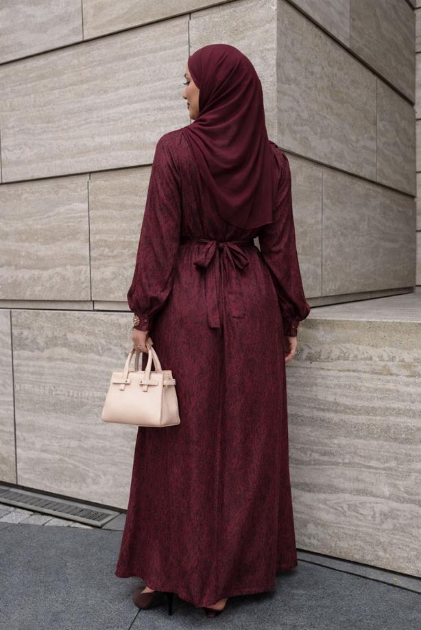 Hijab clothing CLARET RED BELTED JACQUARD DRESS T 4822 - TRENDTESETTÜR