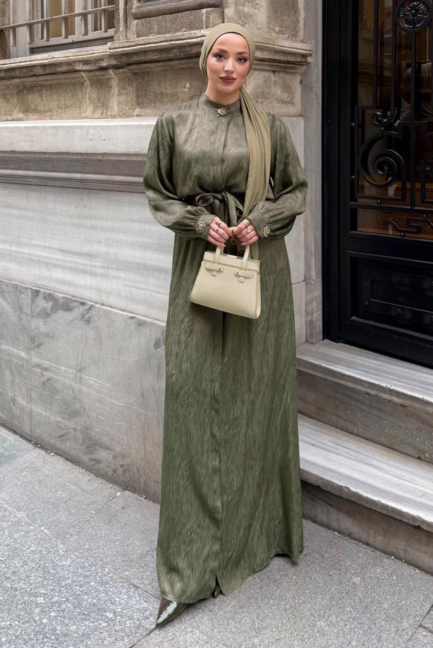 Hijab clothing KHAKI BELTED JACQUARD DRESS T 4822 - TRENDTESETTÜR