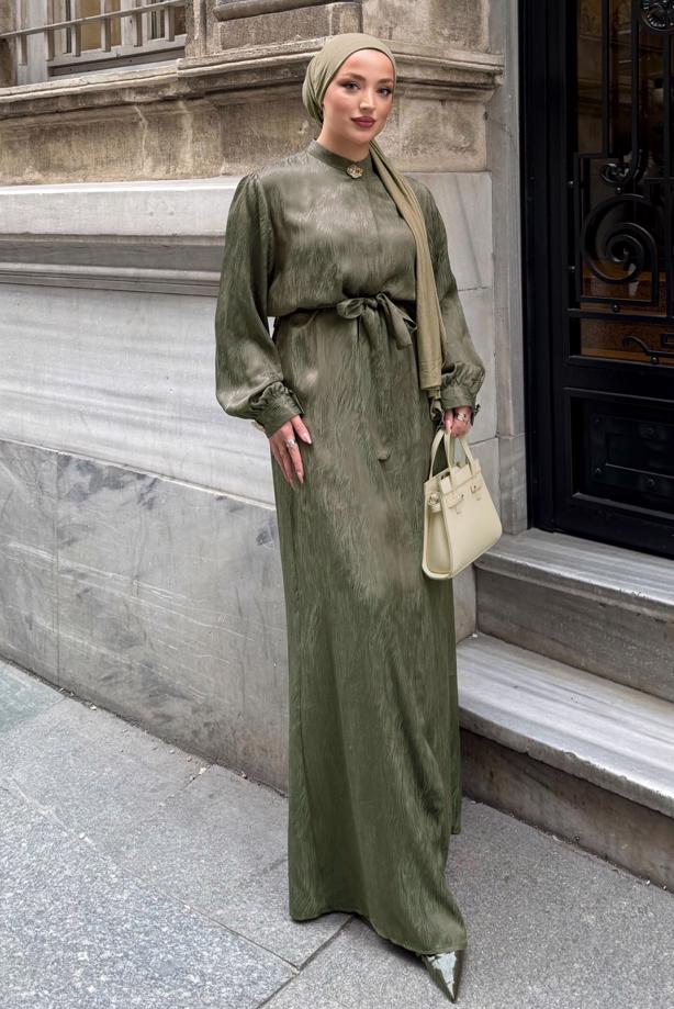 Hijab clothing KHAKI BELTED JACQUARD DRESS T 4822 - TRENDTESETTÜR